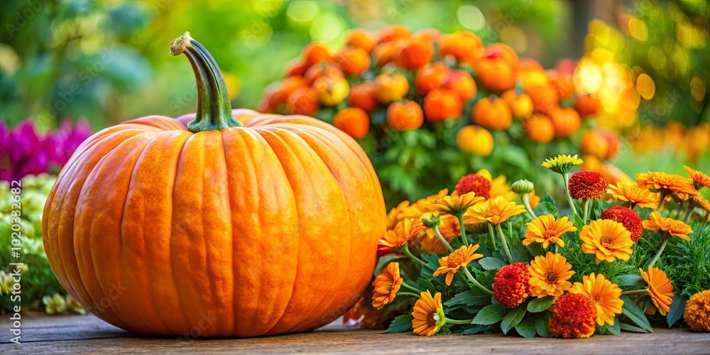 Canvas Prints A Vibrant Pumpkin Flanked by a Bountiful Display of Orange and Red Blossoms,  Nestled Amongst Lush Greenery