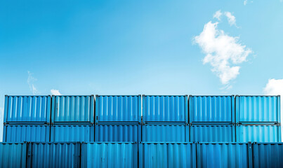 Stacked Blue Shipping Containers Against Clear Sky. A detailed view of stacked blue shipping containers under a clear sky, highlighting industrial architecture and global trade logistics.