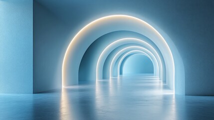 A series of glowing arches leading to an empty room.