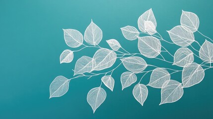White botanical leaves drawn in fine lines, arranged delicately on a teal background, evoking simplicity and elegance