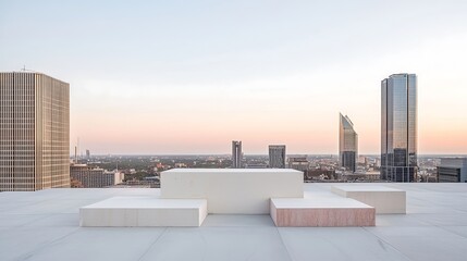 An overhead view of a city rooftop with abstract geometric shapes formed by cracks and stains on the concrete. The use of high contrast lighting accentuates the textures, while a clear sky in the