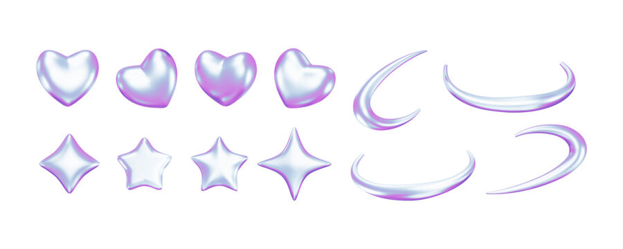 Set of 3d neon stars, heart and abstract orbits. Futuristic elements. Inflated platinum techno objects. Holographic vector illustration for future, y3k designs. Cyber romantic and galaxy icons.