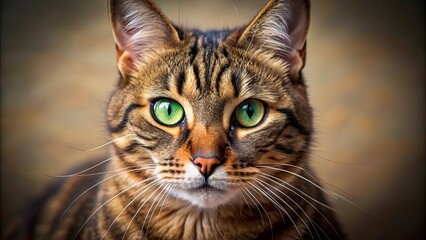 A Tabby Cat With Bright Green Eyes Gazing Directly Into the Camera, Emphasizing Its Captivating Gaze