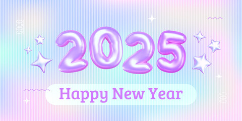 Holographic 2025 banner. Happy New Year vector illustration with 3D inflated neon numbers and chrome stars on pastel gradient background with ribbed glass effect. Futuristic Christmas art.