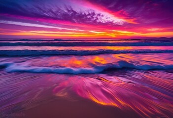 Fototapeta premium vibrant sunset reflections tranquil shoreline waters creating serene picturesque landscape colorful hues gentle water movement, colors, nature, sky, scenery