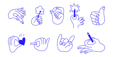 Vector line simple illustrations, hands and gesture in outline style, sticker gesture, print and poster design