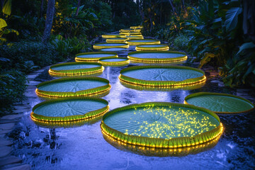 giant lily pads with led lighting in nighttime garden, a stunning photograph of giant lily pads illuminated with led lights, set in a serene nighttime garden scene. perfect for themes of nature, tranq