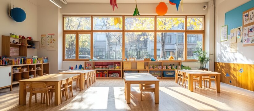 A bright and spacious classroom with wooden tables and chairs, shelves filled with toys, and large windows overlooking a tree-lined street.