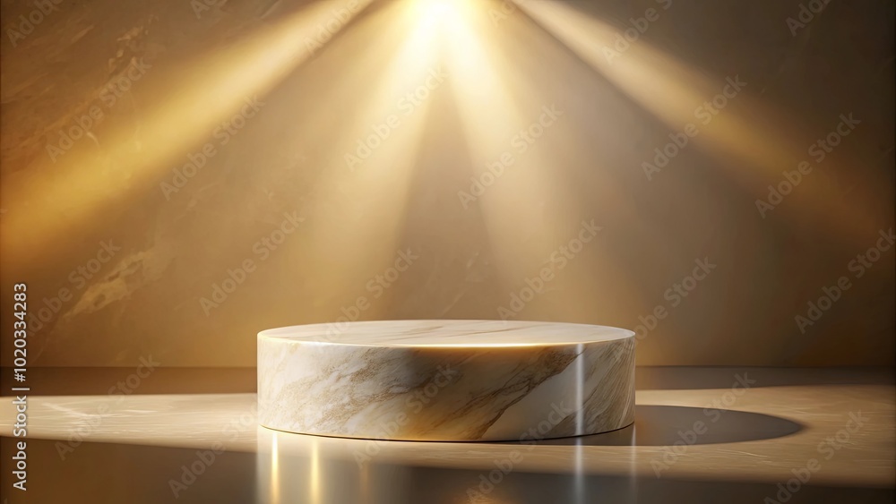 Poster A circular marble podium bathed in the warm glow of an ethereal light, casting dramatic shadows on the surrounding surface.