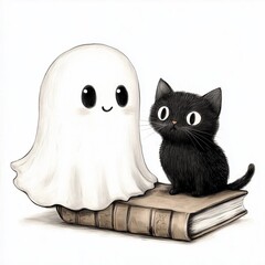 Adorable Ghost and Black Cat on an Old Book in Kawaii Style, Cute Kawaii Ghost Perched on a Book with a Playful Black Cat