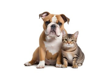 Fototapeta premium A young bulldog and a cat sitting together, both looking at the camera with friendly expressions