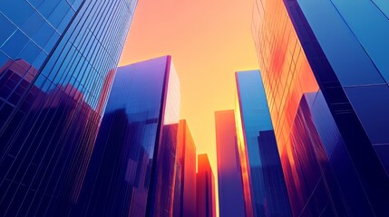 Fototapeta premium Modern skyscrapers with glass facades reflecting vibrant colors of a sunset, creating a dramatic contrast between warm oranges and cool blues. AI generative.