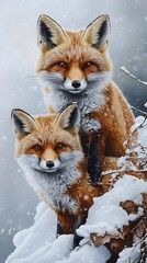 Fototapeta premium Two red foxes in a snowy landscape, showcasing their vibrant fur and playful demeanor.