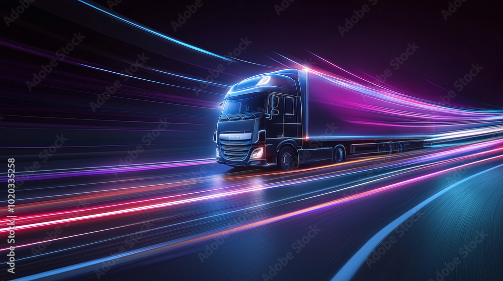 Poster light streaks shaped like a truck in motion over a dark background with smooth curved lines in a fut
