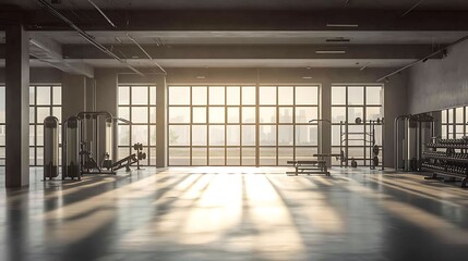 Empty modern gym with advanced workout stations, spacious layout, natural light filtering through large glass windows, polished surfaces, minimalist decor, neutral color palette,