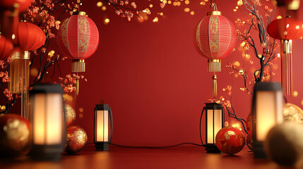 Festive decorations featuring red lanterns, candles, and glowing elements, perfect for celebrating cultural events and traditions.