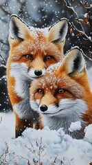 Obraz premium Two foxes in a snowy landscape, showcasing their vibrant fur and winter setting.