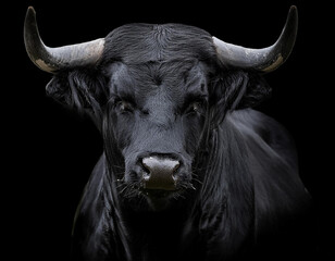 Naklejka premium Toro bravo negro retratado con fuerza y elegancia sobre fondo negro, emblema de la naturaleza salvaje, la tradición cultural y la potencia visual