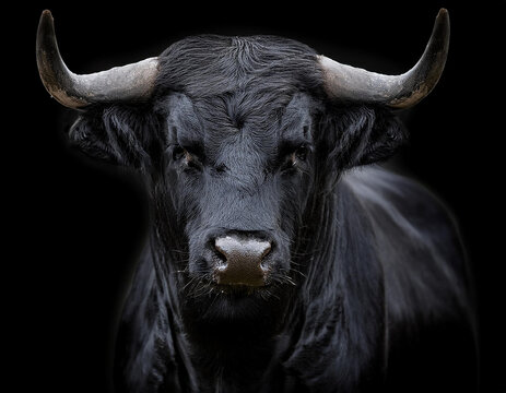 Imagen impactante de un toro bravo negro en primer plano sobre fondo oscuro, icono de valent&iacute;a, energ&iacute;a desbordante y fuerza indomable de la naturaleza