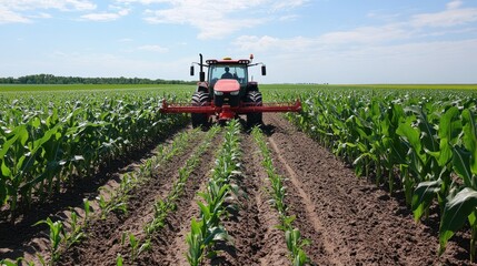Obraz premium Agricultural technology for corn farming: Innovations in fertilization, irrigation, and harvesting for higher yields