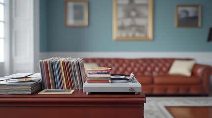 A nostalgic living room setup showcasing a vintage record player, an assortment of classic vinyl records, and an elegantly worn leather couch. The rich color scheme creates an inviting ambiance, with