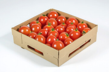 A box of tomatoes is displayed on a white background