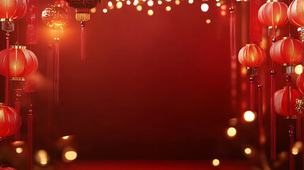 Festive red background adorned with lanterns and lights, perfect for celebrations and cultural events.