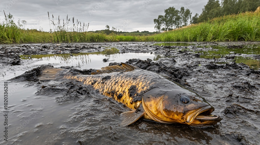 Poster clothes soaked in black sludge floating in a polluted lake with dead fish stock photo with side copy