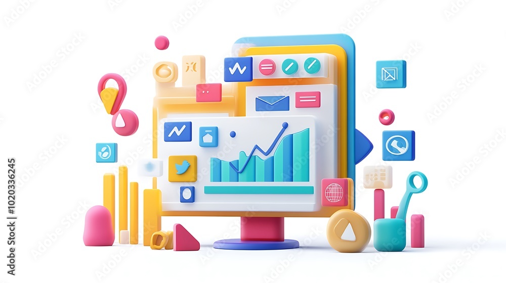 Poster 3d illustration of a computer screen with colorful icons and charts