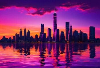 Fototapeta premium stunning city skyline reflected calm water during twilight hours vivid colors immersive atmospheric touch, architecture, urban, cityscape, landscape