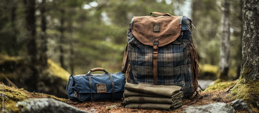 Wall mural a large plaid backpack, a smaller blue bag, and a folded blanket on the forest floor.