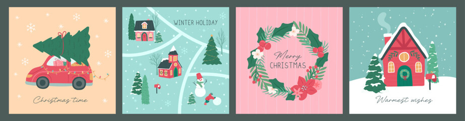 Collection of Winter Christmas wreath and house poster square layout vector illustration