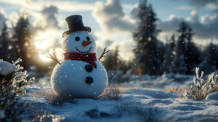 Obraz premium Festive christmas snowman in a winter wonderland with snow-covered trees, cozy scarf, and top hat, perfect for holiday-themed banners, seasonal greeting cards, and christmas decor backgrounds