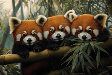 Three adorable red pandas resting on bamboo, surrounded by lush greenery.