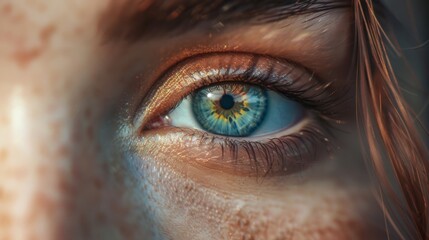 Fototapeta premium Close-up of a Blue Eye with Golden Eyeshadow and Freckles