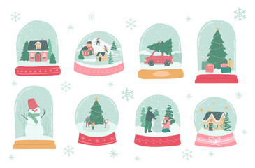 Winter Christmas snow globe of holiday house, car and snowman vector illustration
