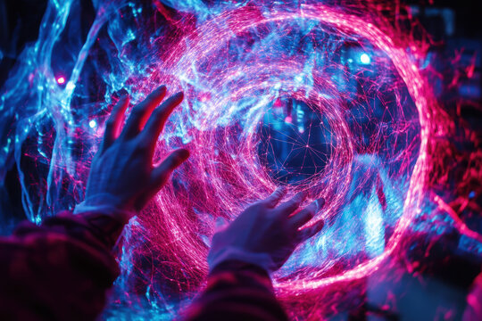 Futuristic Hands in Neon Energy Swirl  - Powered by Adobe