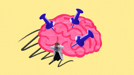 Brain under pressure, with medical professionals overwhelmed by mental strain. Illustrates need for mental health treatment and stress management. Contemporary art. Concept of medicine, healthcare