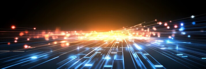 Fototapeta premium Abstract Background with Glowing Blue and Red Light Streams Merging into Bright Golden Spot