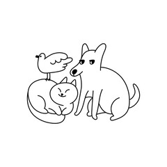 Funny pets, dogs and cats, vector illustration in trendy flat simple linear style, funny mascot and cartoon character, friendly sticker and badge for advertising, social media

