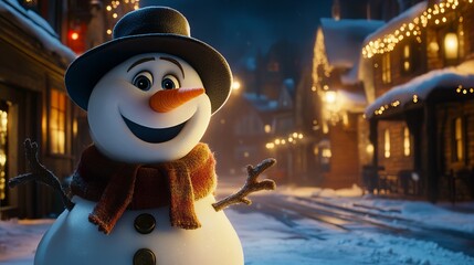 Obraz premium Festive christmas snowman in a winter wonderland with snow-covered trees, cozy scarf, and top hat, perfect for holiday-themed banners, seasonal greeting cards, and christmas decor backgrounds 