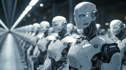 Fototapeta premium Futuristic robots working in an assembly line in a high-tech factory environment