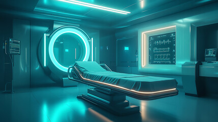 Futuristic medical facility with glowing technology and empty treatment bed