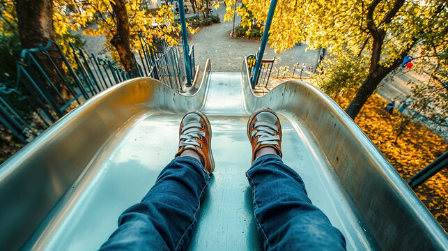 vue premi&egrave;re personne d'un enfant assis en haut d'un tobogan et qui s'appr&ecirc;te &agrave; descendre
