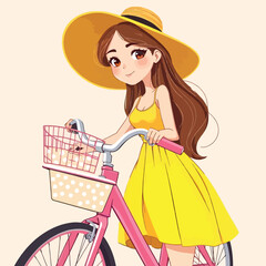 Girl With Bicycle With Flowers Flat Character Illustration