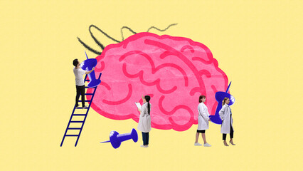 Doctors working to repair stressed brain, representing treatment and management of mental health issues through professional care and therapy. Contemporary art collage. Concept of medicine, healthcare