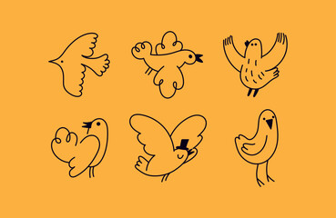 Funny birds, vector illustration in trendy flat simple linear style, funny mascot and cartoon characters, friendly sticker and badge for advertising, social media