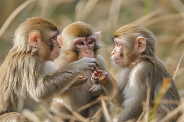 Fototapeta premium Three monkeys interacting in a natural setting, showcasing social behavior and curiosity.