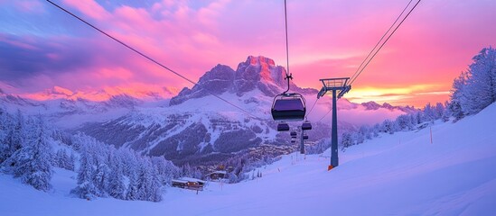 A vibrant pink and purple sunset paints the sky over a snow-covered mountain range, with ski lifts carrying passengers up the slopes.