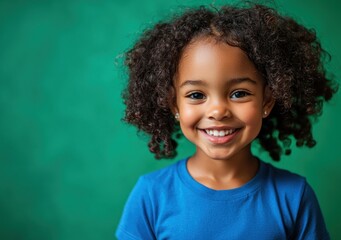 Smiling young girl with curly hair wearing a blue shirt against a green background Generative AI